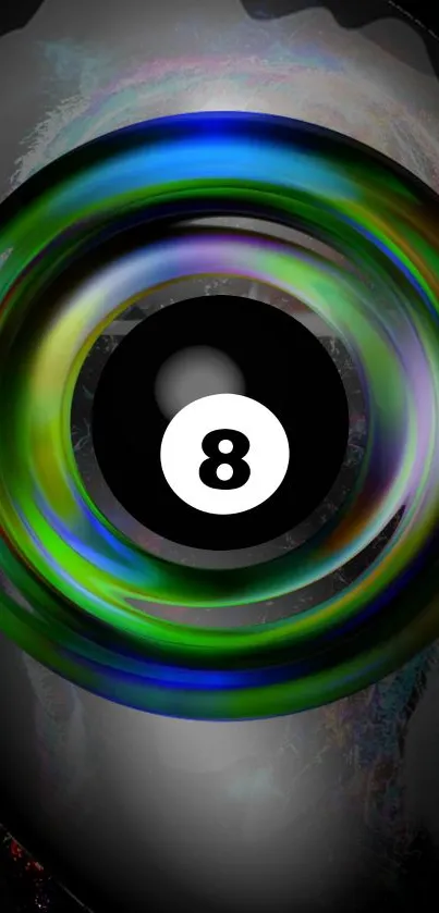 Colorful 8-ball illusion with vivid swirls on a mobile wallpaper.