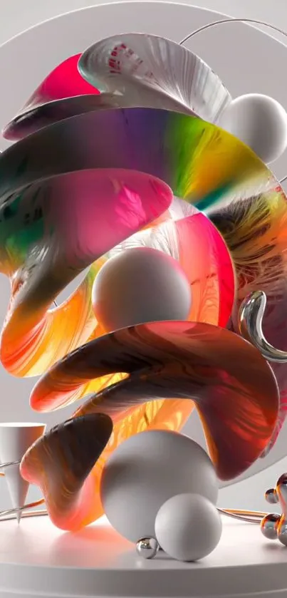 Vibrant abstract 3D art with colorful shapes and spheres.