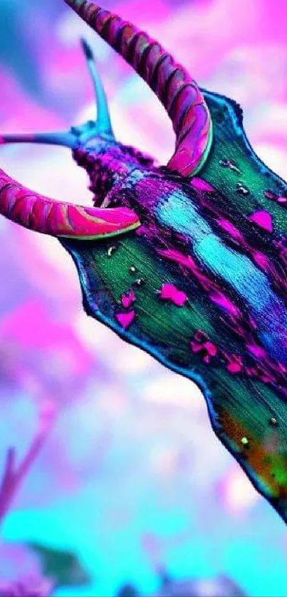 Vibrant abstract 3D fantasy art with pink and green hues on a phone wallpaper.