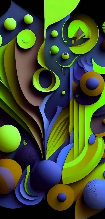 Colorful abstract 3D wallpaper with green and blue geometric shapes.