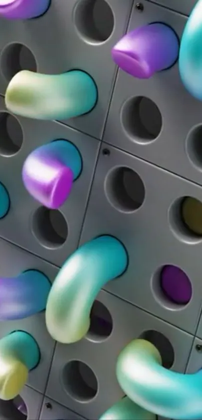 Vibrant 3D abstract design with colorful tubes on a grid background.