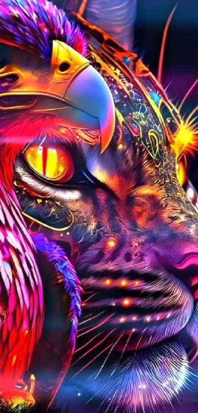 Vibrant abstract artwork of a bird and feline fusion for mobile wallpaper.