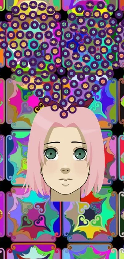 Anime character with pink hair and colorful abstract background.