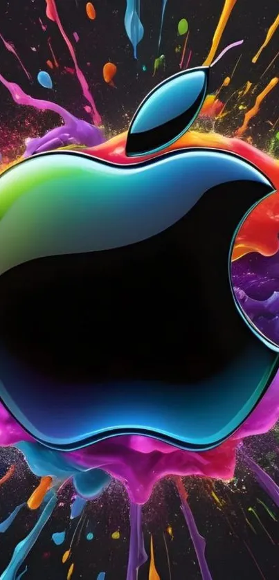 Colorful abstract Apple logo wallpaper with vibrant paint splashes.