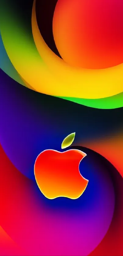 Abstract wallpaper with colorful apple logo and vibrant rainbow swirls.