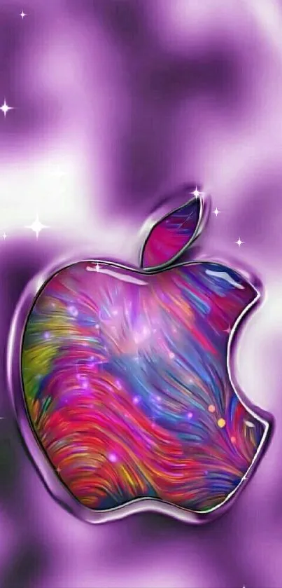 Abstract colorful Apple logo on purple background wallpaper.