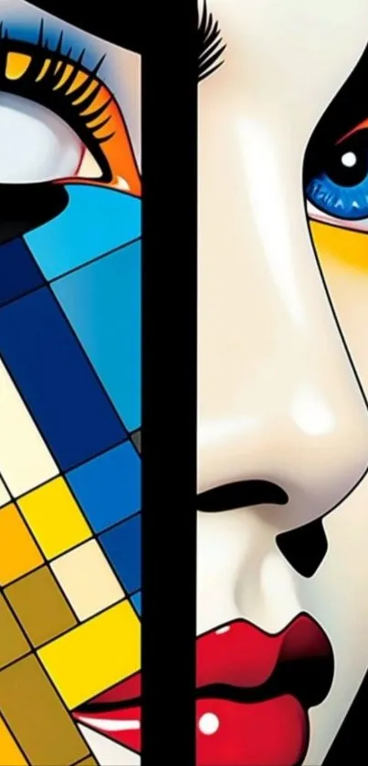 Abstract geometric face design with vibrant colors.