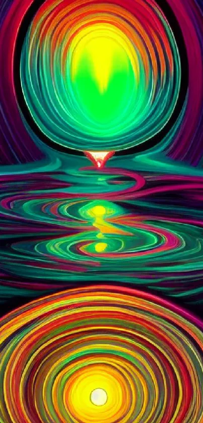 Vibrant abstract wallpaper with glowing orbs and swirls in neon colors.