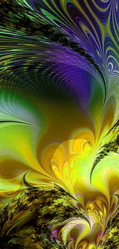 Vibrant abstract wallpaper with swirling green, purple, and yellow patterns.