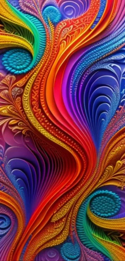 Colorful abstract art wallpaper with vibrant swirls and patterns in red and blue.