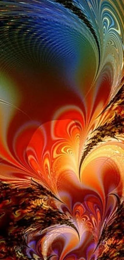 Vibrant abstract art wallpaper with swirling, colorful patterns in warm tones.