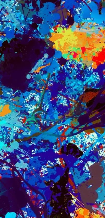 Vibrant abstract art wallpaper with blue, orange, and purple splashes.