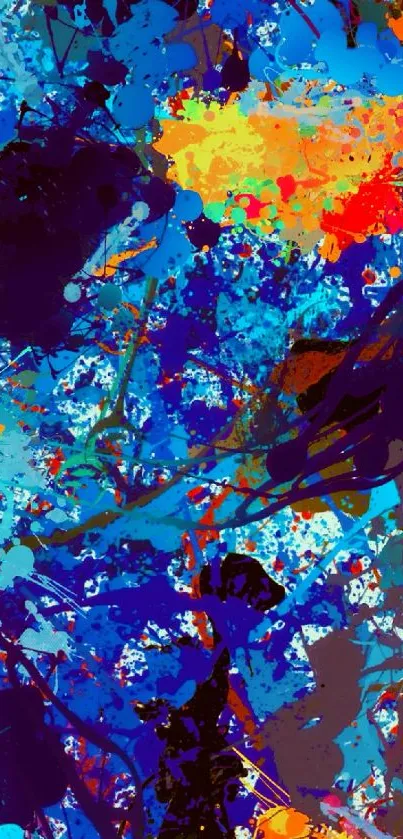 Vibrant abstract art wallpaper with blue and orange splashes, perfect for mobile screens.