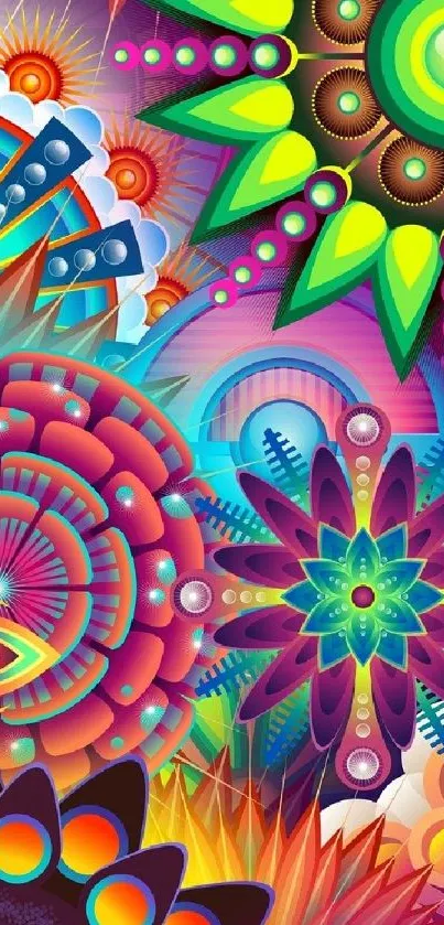 Vibrant abstract art wallpaper with bold colors and patterns.