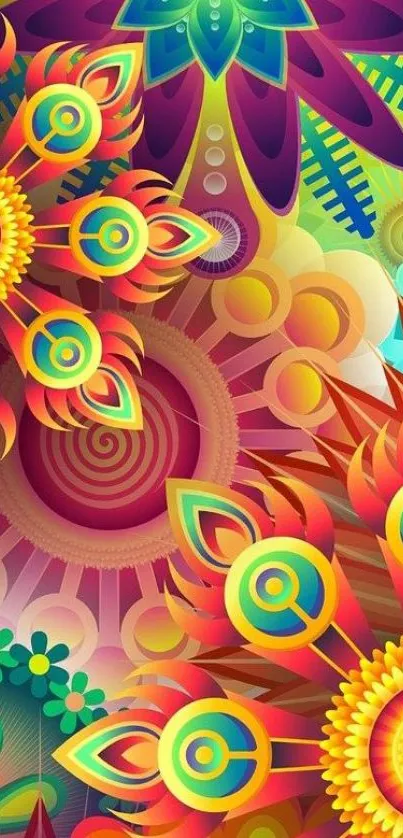 Bright abstract geometric floral wallpaper with vivid colorful patterns.