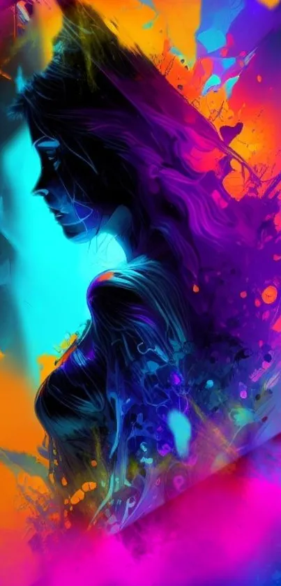 Vibrant abstract wallpaper with neon colors and silhouette.