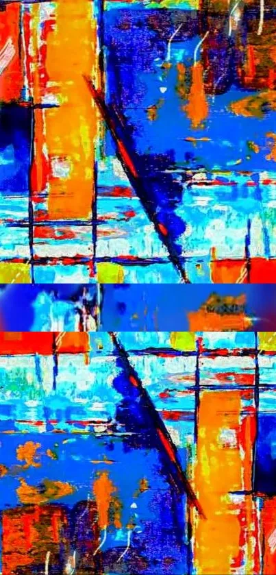 Vibrant abstract art with blue and orange geometric shapes.