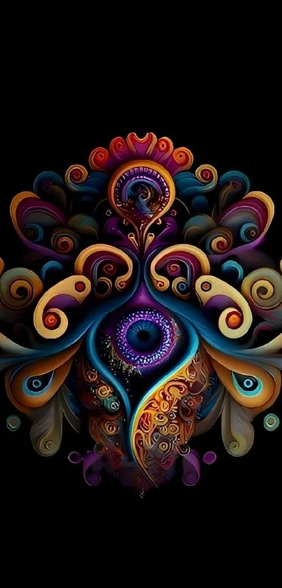 Colorful abstract art design on black mobile wallpaper.