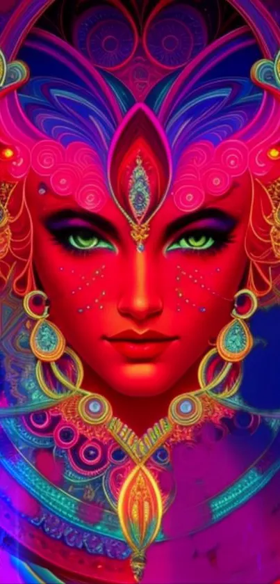 Vibrant abstract wallpaper featuring a mystical face in psychedelic colors.