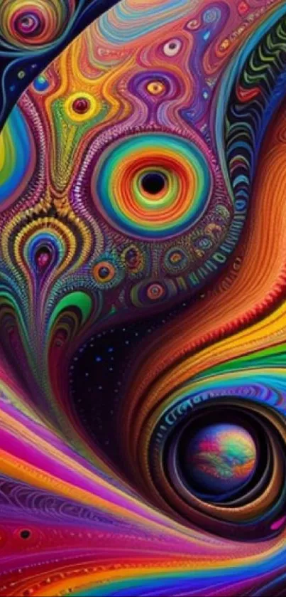 Vibrant abstract wallpaper with colorful swirls and patterns.