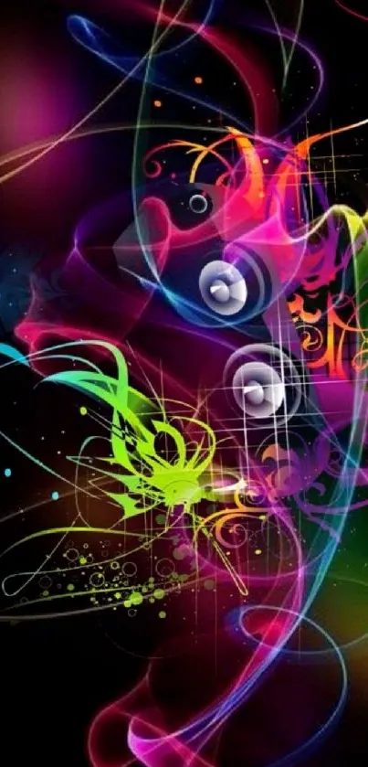 Vibrant abstract art wallpaper with colorful swirls on a black background.