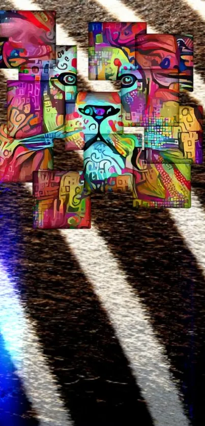 Colorful abstract geometric art over zebra stripes background.