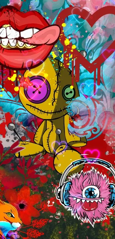 Vibrant abstract art mobile wallpaper with graffiti and cartoon characters.