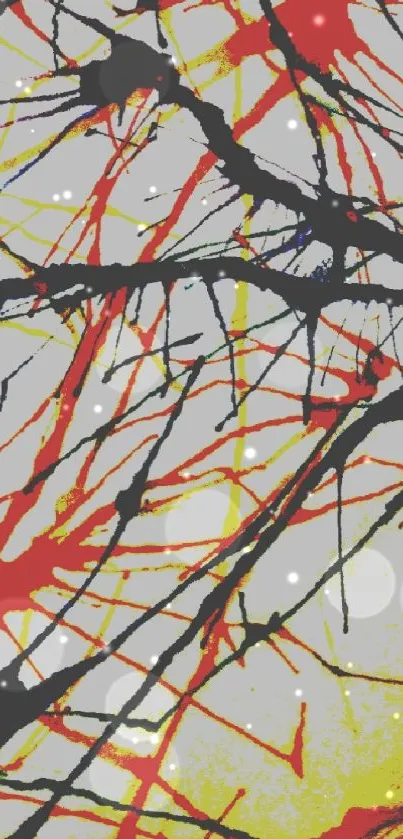 Vibrant abstract art wallpaper with red, yellow, and black splashes.