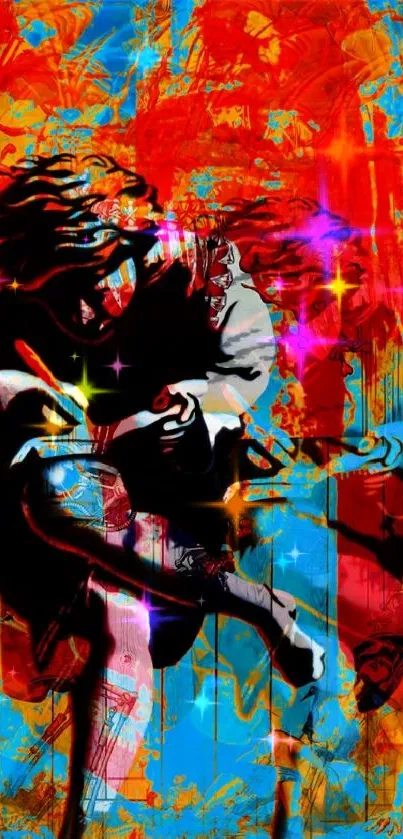 Vibrant and colorful abstract art with red, blue, and orange hues.