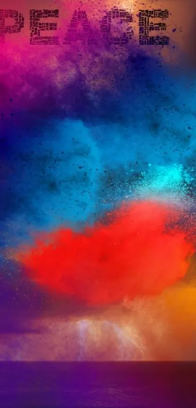 Vibrant abstract art with blue and red colors and 'Peace' text on mobile wallpaper.