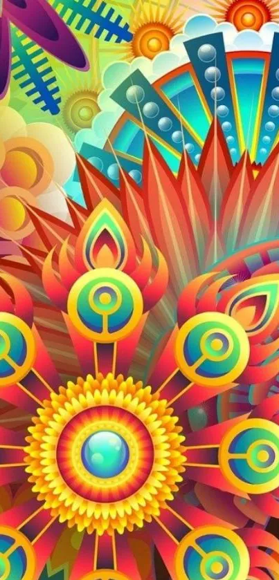 Vibrant abstract mobile wallpaper with colorful geometric and floral patterns.