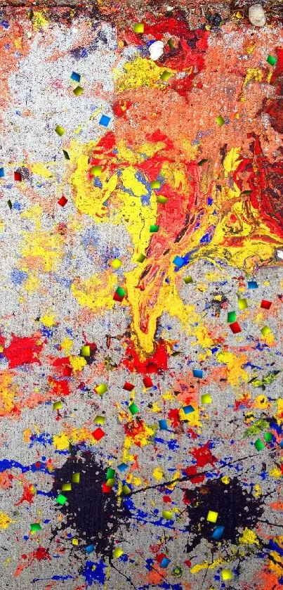 Vibrant abstract art with red, yellow, and blue splashes.