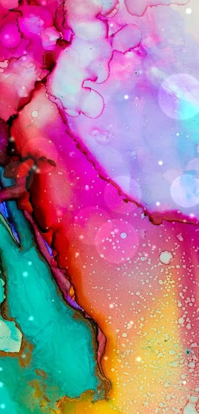 Vibrant abstract art wallpaper with pink and teal splashes.