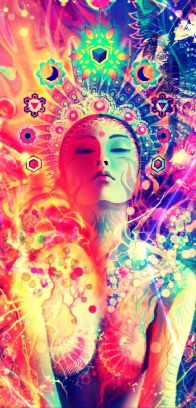 Colorful abstract art with a mystical woman on mobile wallpaper.