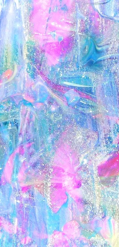 Vibrant abstract wallpaper with blues, pinks, and glittering effects.