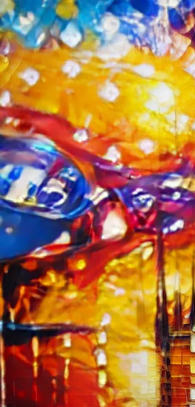 Vibrant abstract art wallpaper with orange and blue hues.