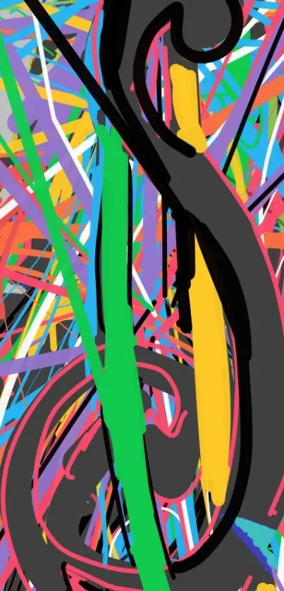 Vibrant abstract art with colorful lines and a black swirl.