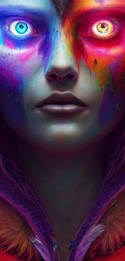 Vibrant abstract art wallpaper with colorful portrait and neon hues.