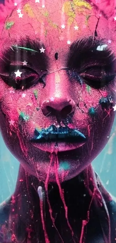 Vibrant face with colorful paint splashes in an abstract art style.