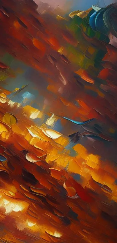 Vibrant abstract art wallpaper with warm swirling colors.