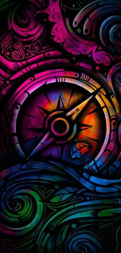 Colorful abstract compass design wallpaper with vibrant swirls and patterns.