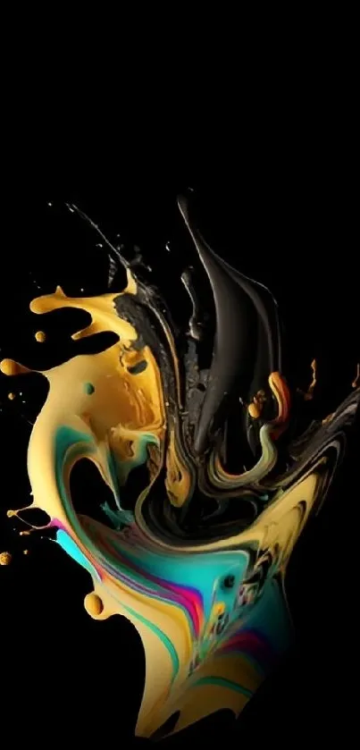 Vibrant abstract art with colorful splash on black background.