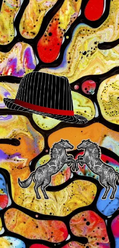 Abstract wallpaper with vibrant patterns, hat, and horses.
