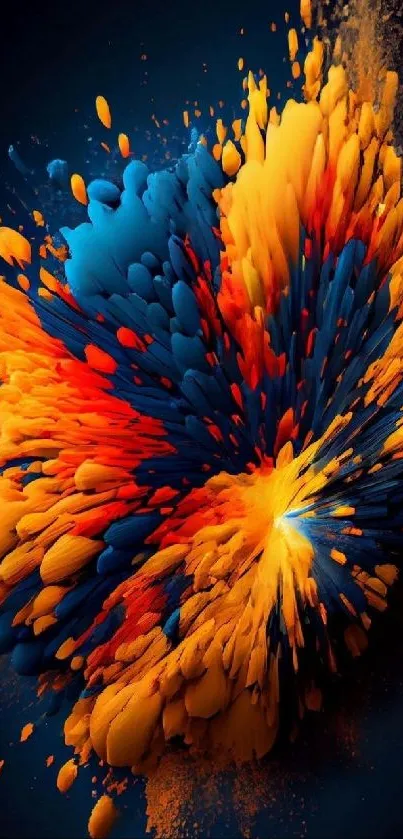 Vibrant abstract art wallpaper with bold orange, blue, and black colors.