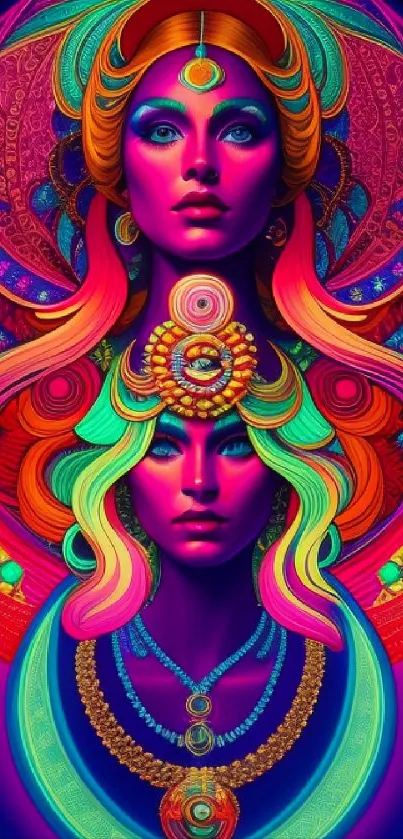 Vibrant neon abstract art wallpaper with intricate designs.