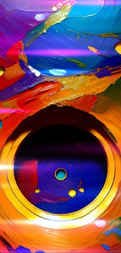 Vibrant abstract art wallpaper with bold colors and dynamic circular design.