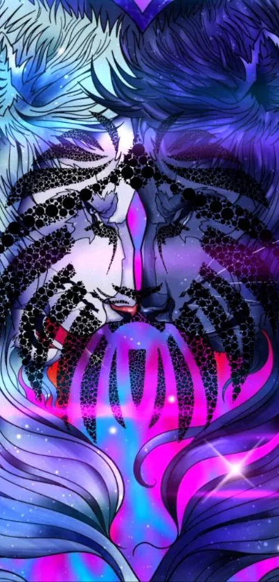 Vibrant abstract lion wallpaper with neon and cosmic hues.