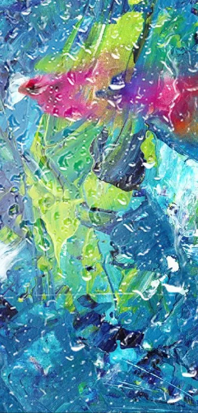 Vibrant abstract art wallpaper with blue, yellow, and pink hues.