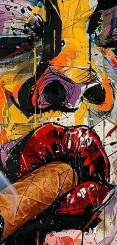 Vibrant abstract artwork of a face smoking