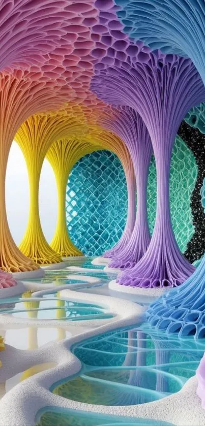 Vibrant and colorful abstract art with fantasy trees and reflections.